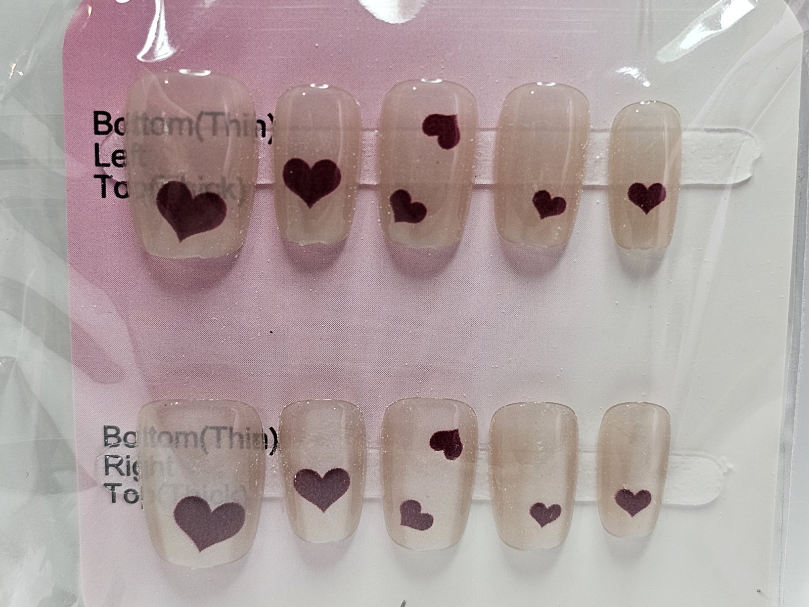 Press On Nails Nude Pink Dark Red Hearts Glossy Medium Length Nail Set
