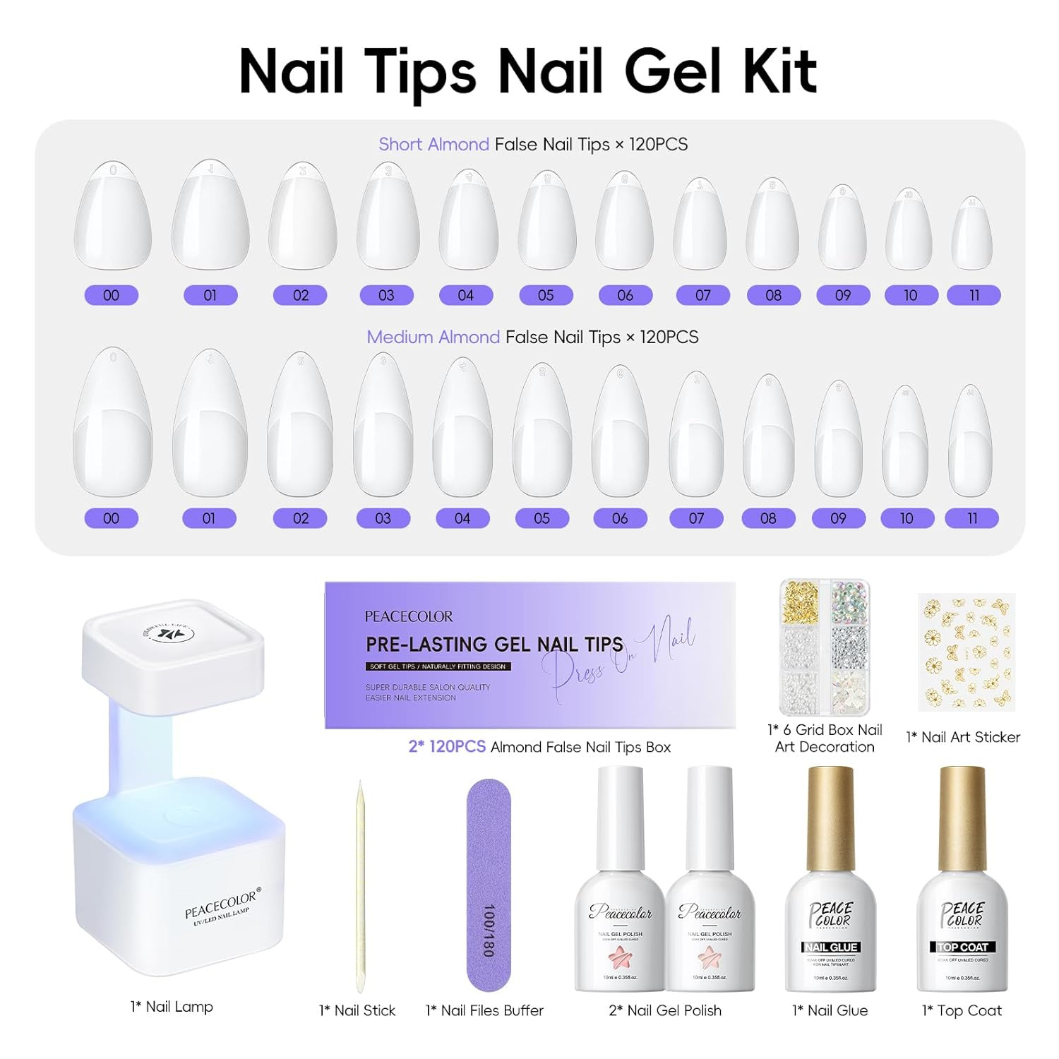 Gel Nail Kit, 240Pcs Short Medium Almond Nail Tips with U V Light 2PC Jelly Gel