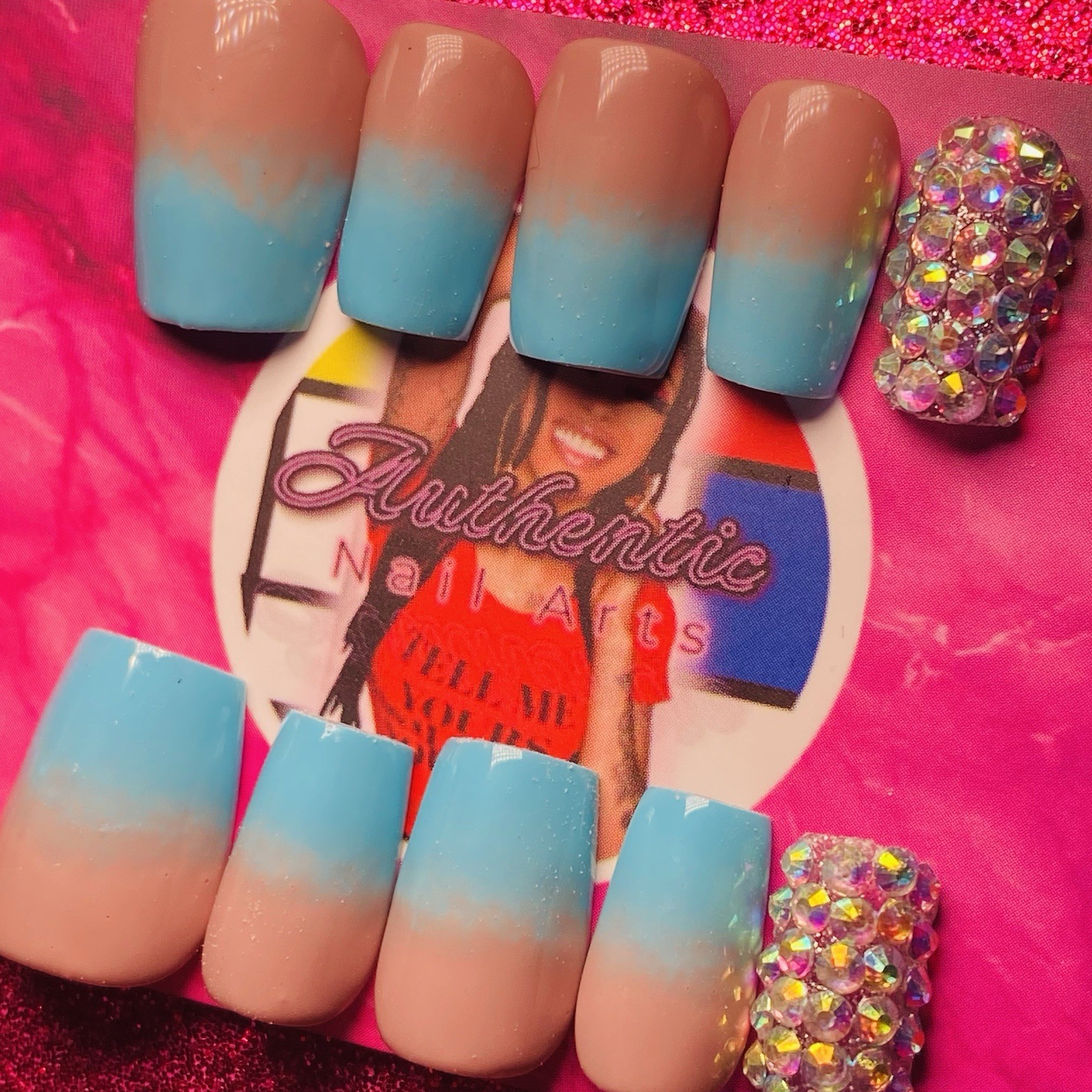 Square Press-On Nails Blue Nude Ombre Sparkle Shiny by Authentic Nail Arts