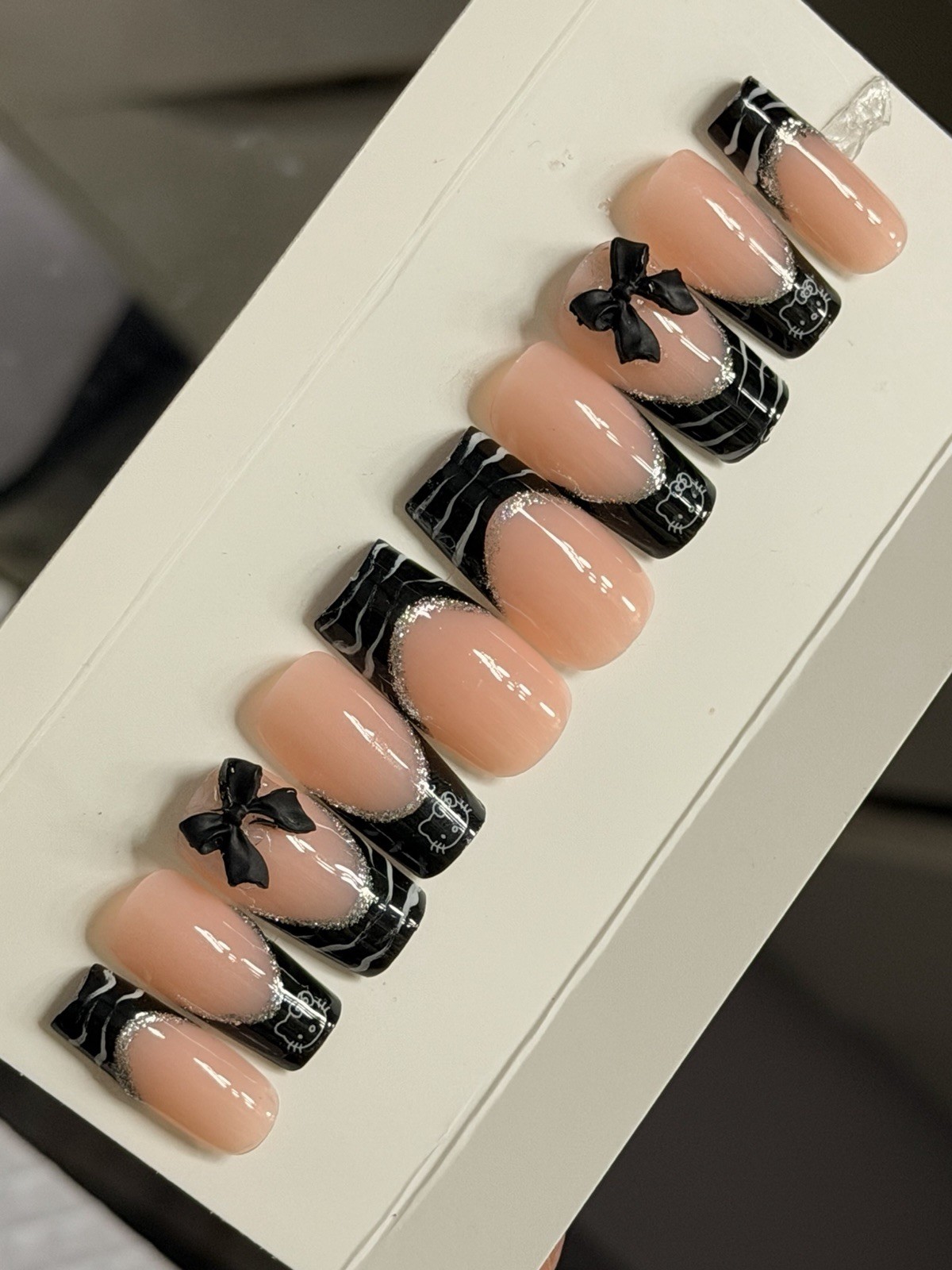 ✨ CUSTOM Press On Nails FRENCH BLACK HELLO KITTY BLING 10p SET W Kit