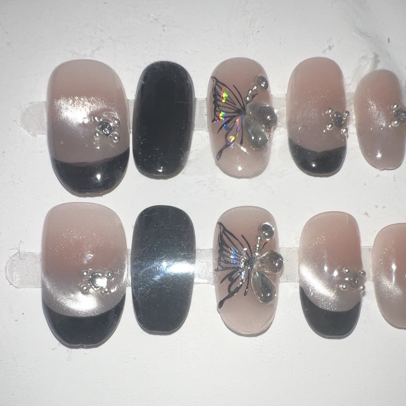 Short Square Press-On Nails Full Cover 3D Shiny Black/Nude/Silver Butterfly