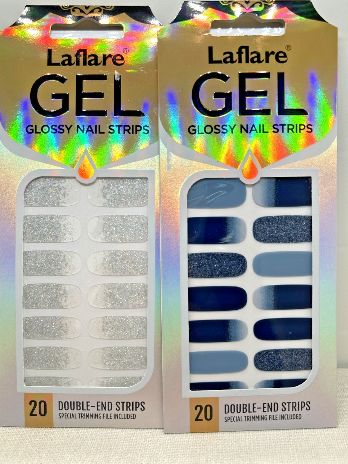 Set Of 2 Laflare Gel Glossy Nail Strips Hologram Silver & Ebony Night w File NEW