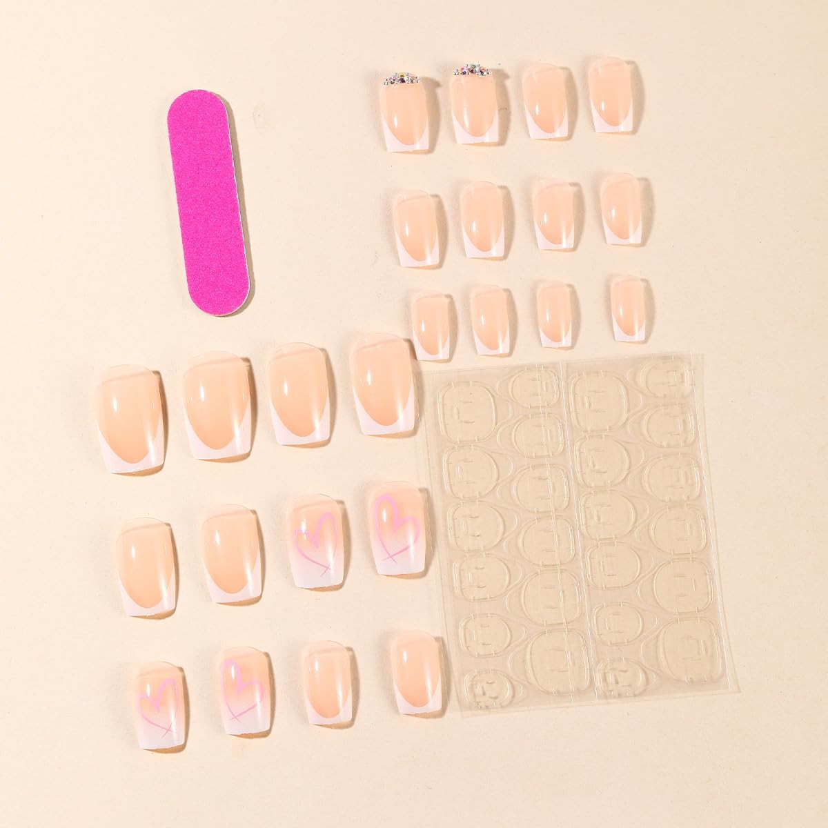 24Pcs White French Tip Press On Nails – Medium Square Nude Pink With Rhinesto…