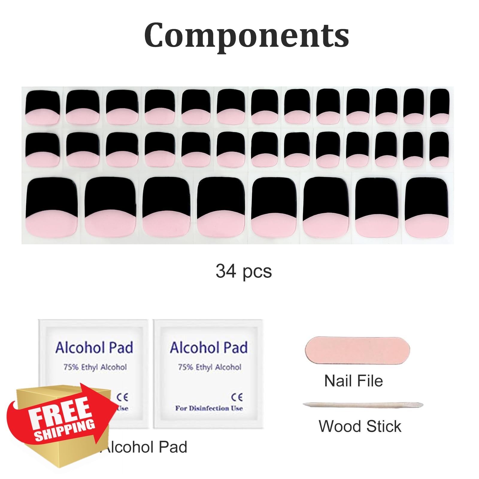 IQXGE 34 Pcs Semi Cured Gel Toe Nail Strips Black French Tip Gel Nail Sticker…