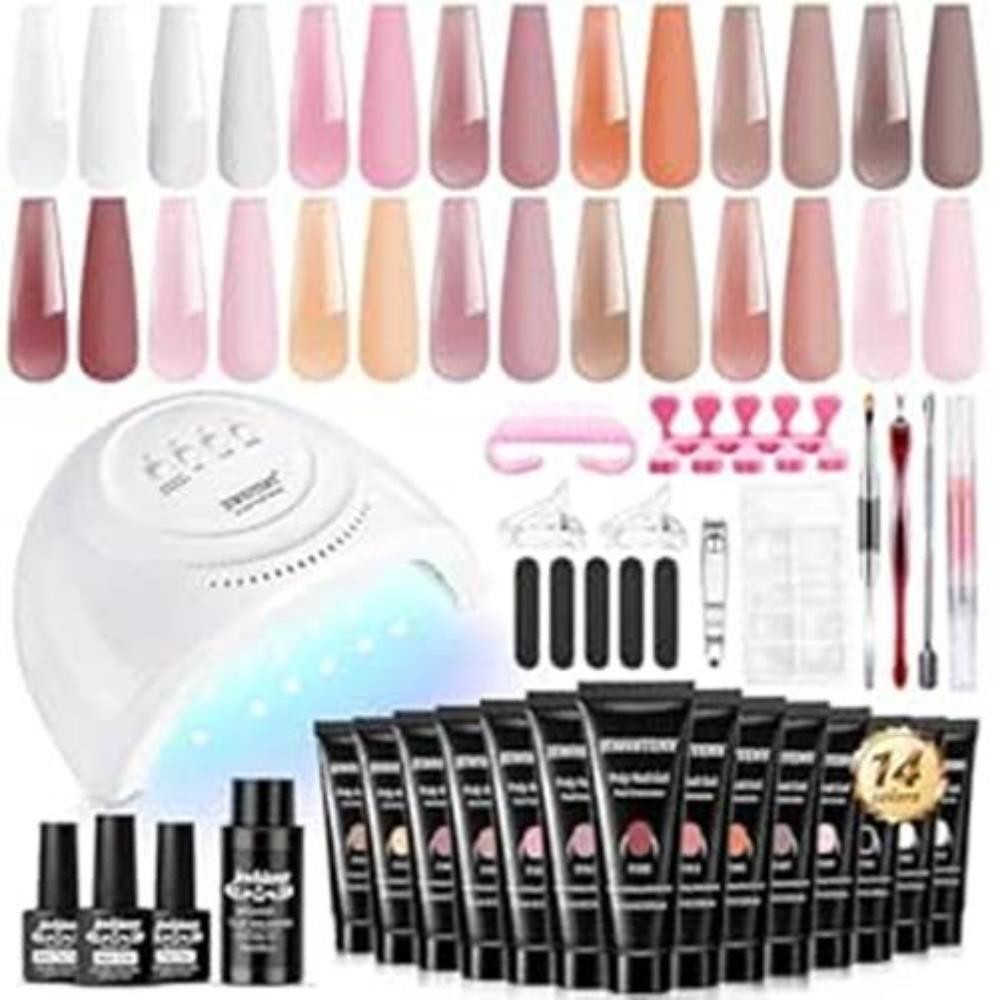 JEWHITENY 14 Colors Poly Extension Gel Nail Kit With Nail Lamp Nude Pink White