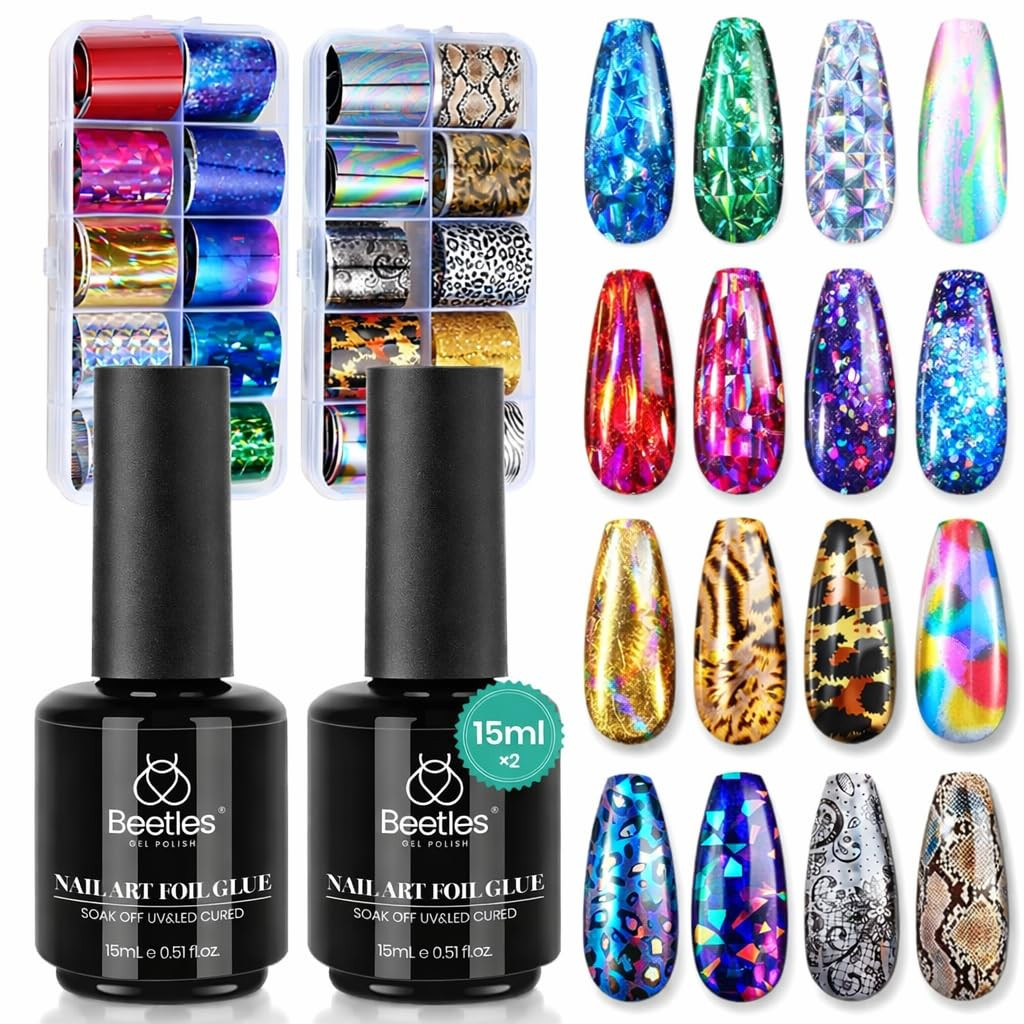 Nail Foil Art Kit, 20 Pcs Nail Foils Transfer with 30Ml Nail Foil Glue Gel for N