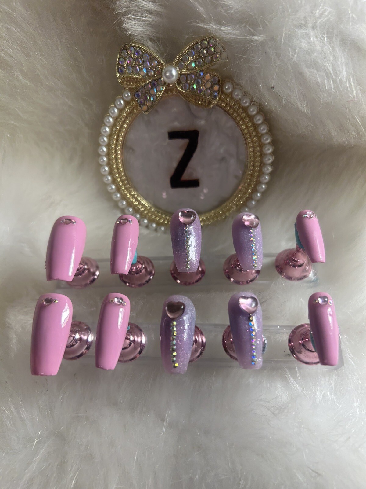 Z NAILZ! Handmade M Coffin Pink & Lilac Valentines Love Press on Nails