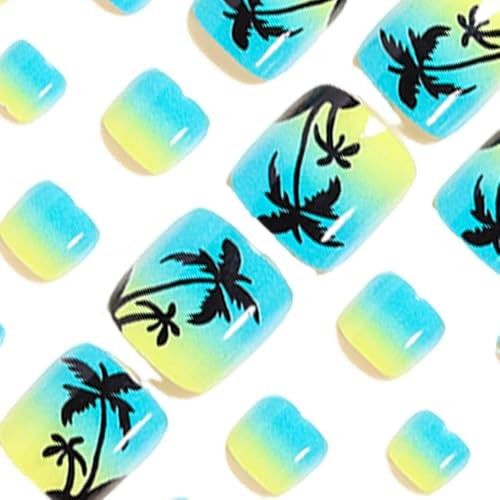 Summer Ocean Press on Toes Nails Short Square Fake Toe Nails with Coconut Trees