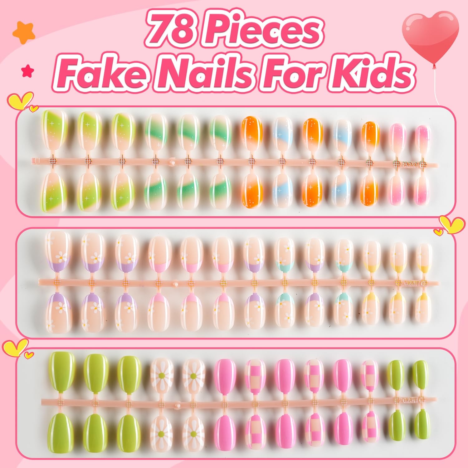 Misssix 78 Pcs Press on Nails for Kids, 3 Pack Kid Fake Nail Kit Cute Press on N