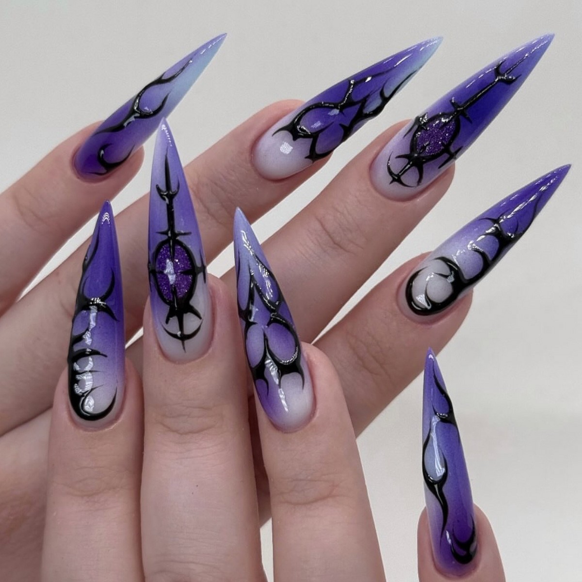 24Pc Stiletto Purple Black Gradient Press on Nails Gothic Tribal Edgy Party Wear