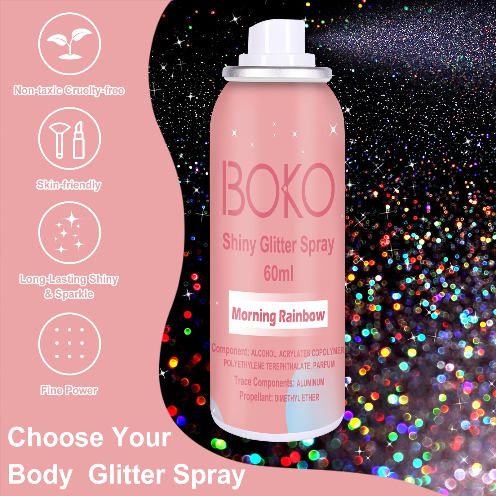 Boko 60ML Holographic Glitter Spray for Body, Hair & Clothes–Quick-Dry & Lasting