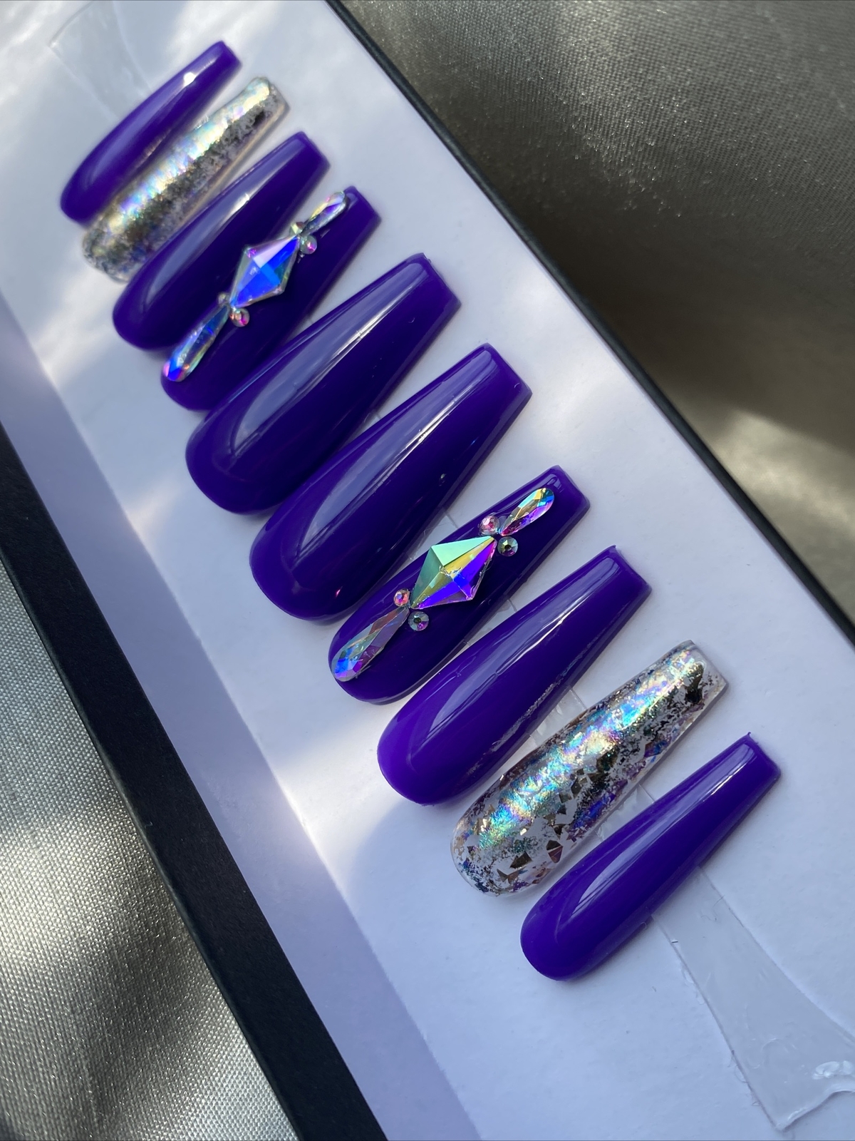 Luxury Gel Press On Nails,Marine W Bling , Long Coffin, 10p Nail Set W/ kit