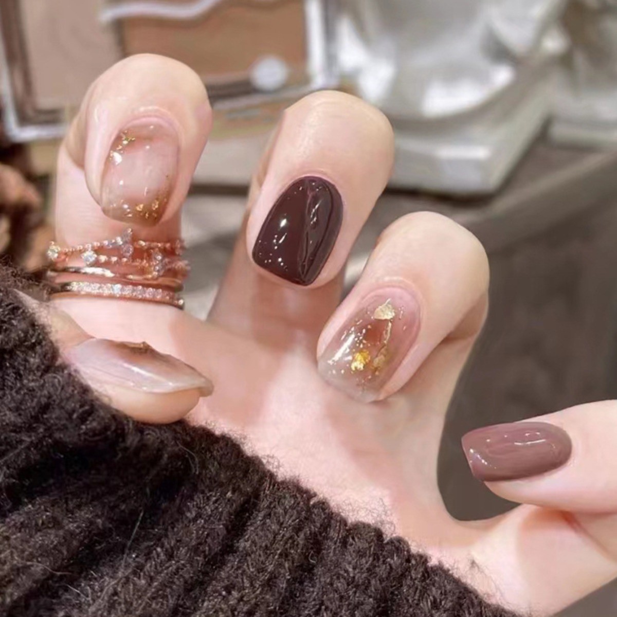48Pcs-Short Square Dark Burgundy Dusty Pink Nude Gradient Foil Press on Nails