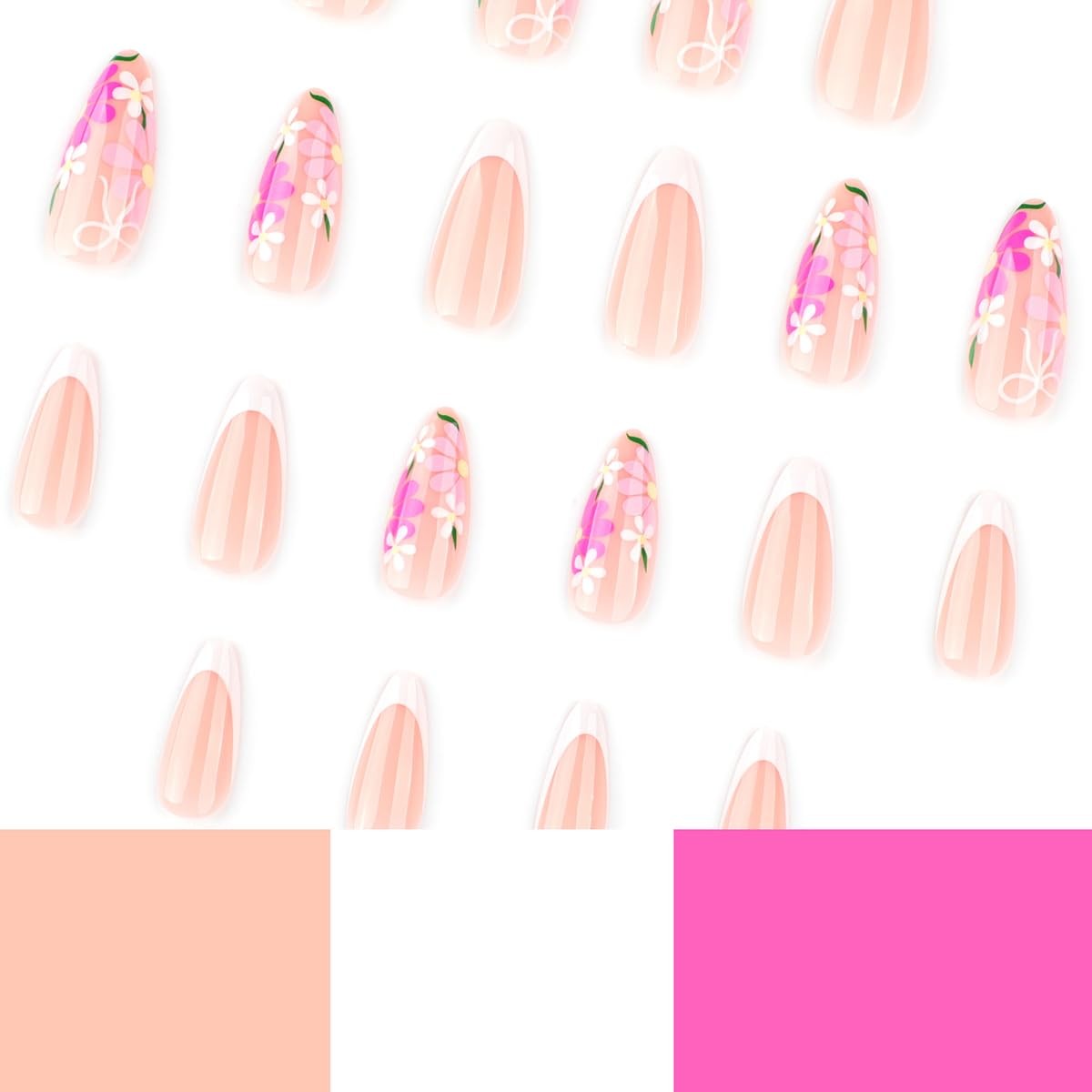 24 Pcs Flower Press on Nails Short Almond Nail Tips,Nude Pink Fake Nails Pres…