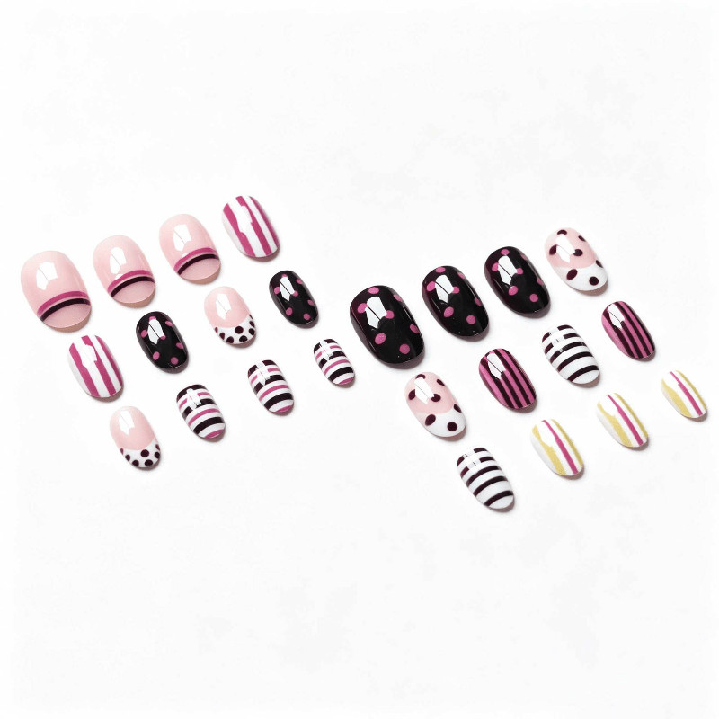 48Pcs-Medium Almond Pink Brown White Striped Polka Dot Mix Design Press on Nails