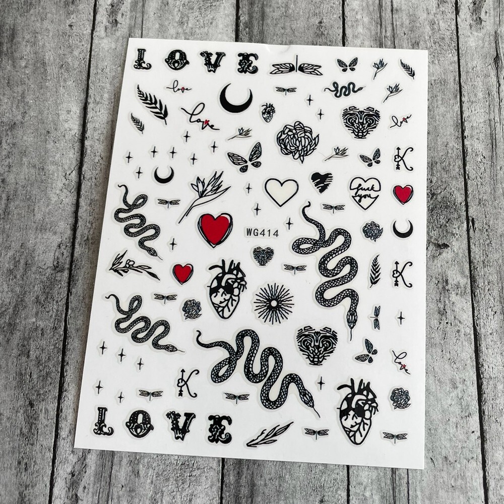 Snake Stars Moon Love Red Sweet Heart Butterfly Nail Sticker Dragonfly leaf