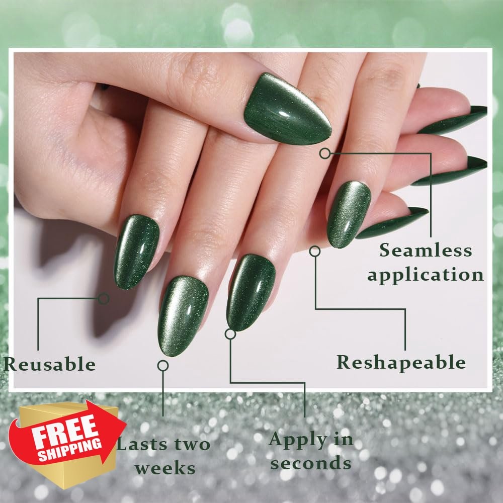 evpct Short Almond Green Cat Eye Press on Nails 32Pcs