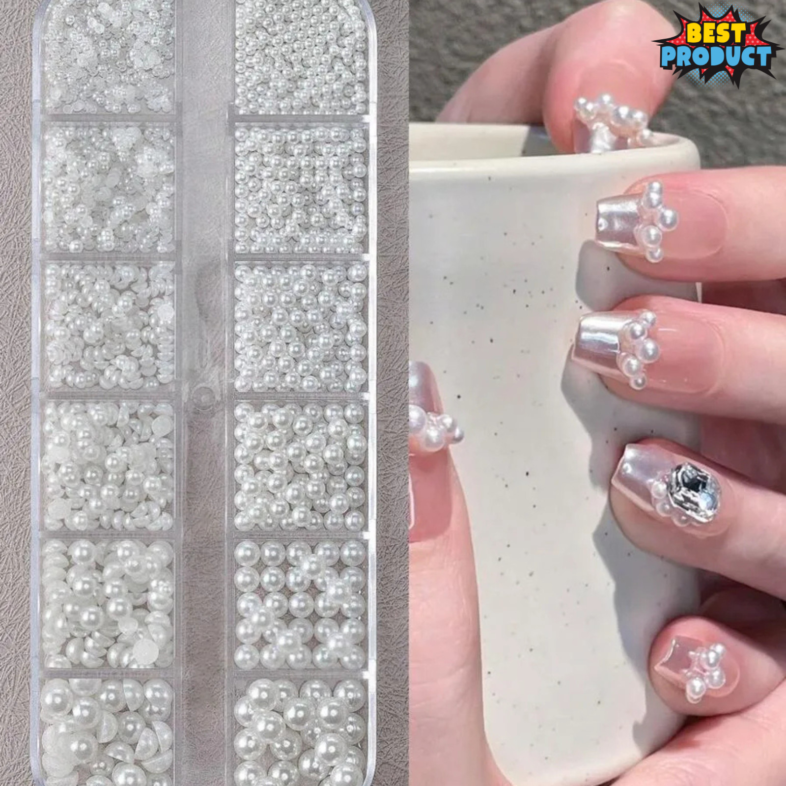 Nail Pearls 12 Grids Half Round Flat-Back Metallic DIY Nail Faux Beads for Women
