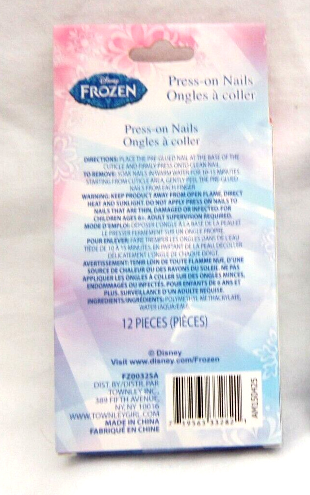 Girls Disney Pink Frozen Character Press On Stick On Nails 12 Count-Brand New!