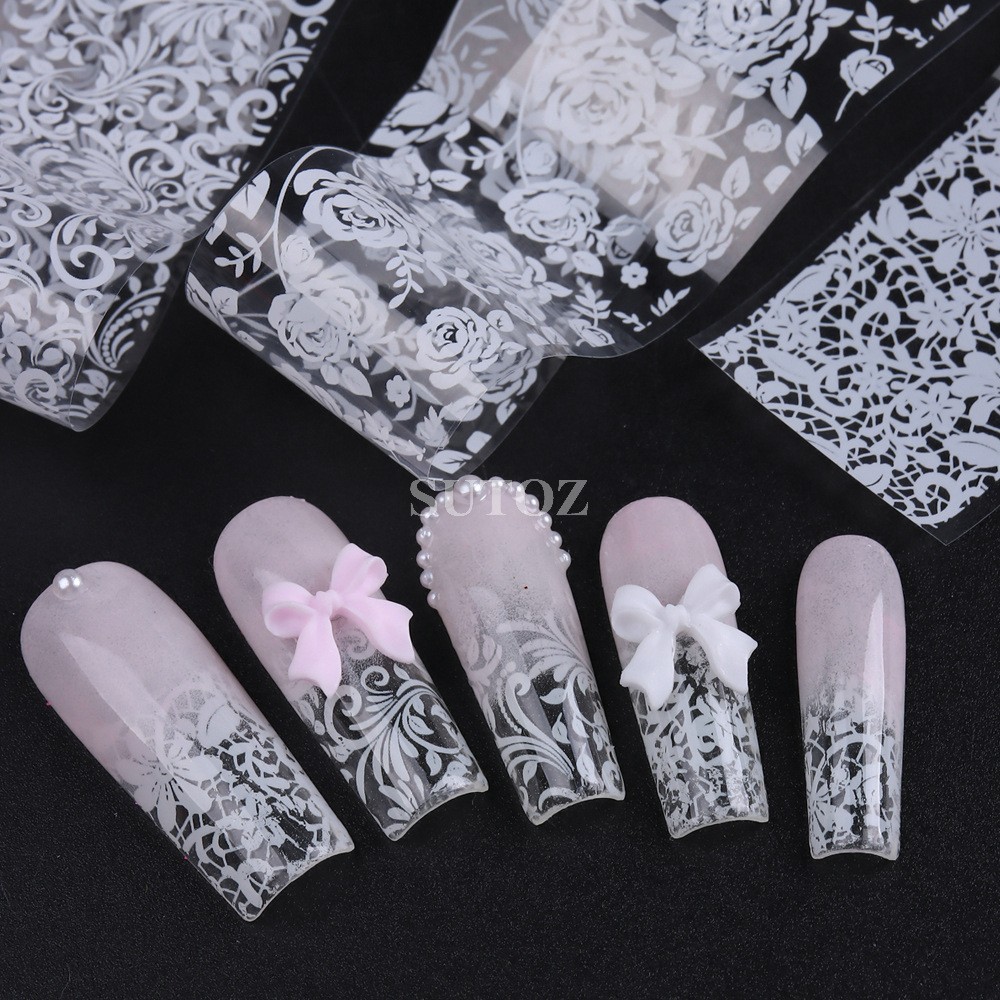 10Pcs Retro Black White Flower Lace Foils Nail Art Transfer Stickers Decals NH30