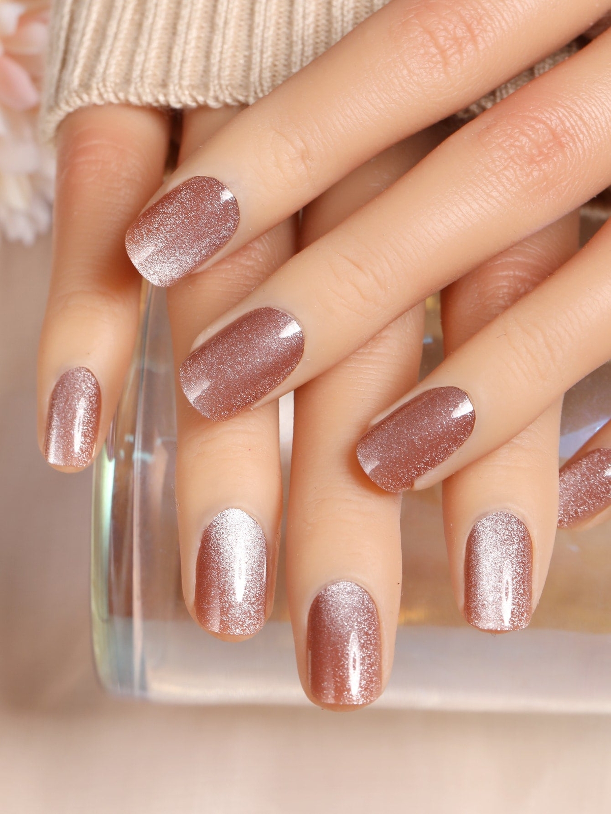24pcs Square Apricot Glitter Cat Eye Effect Fake Nail Press On Nails False Nails