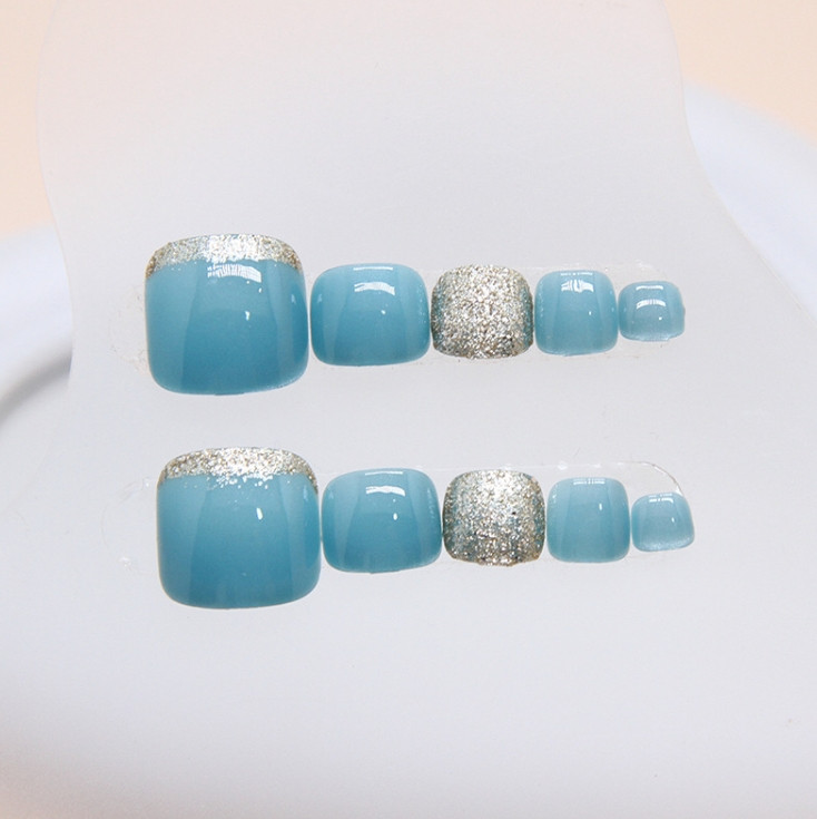 Detachable Toe Glue-On Fake Nail Glitter Gold Blue Color Gradient Pedciure 24pcs