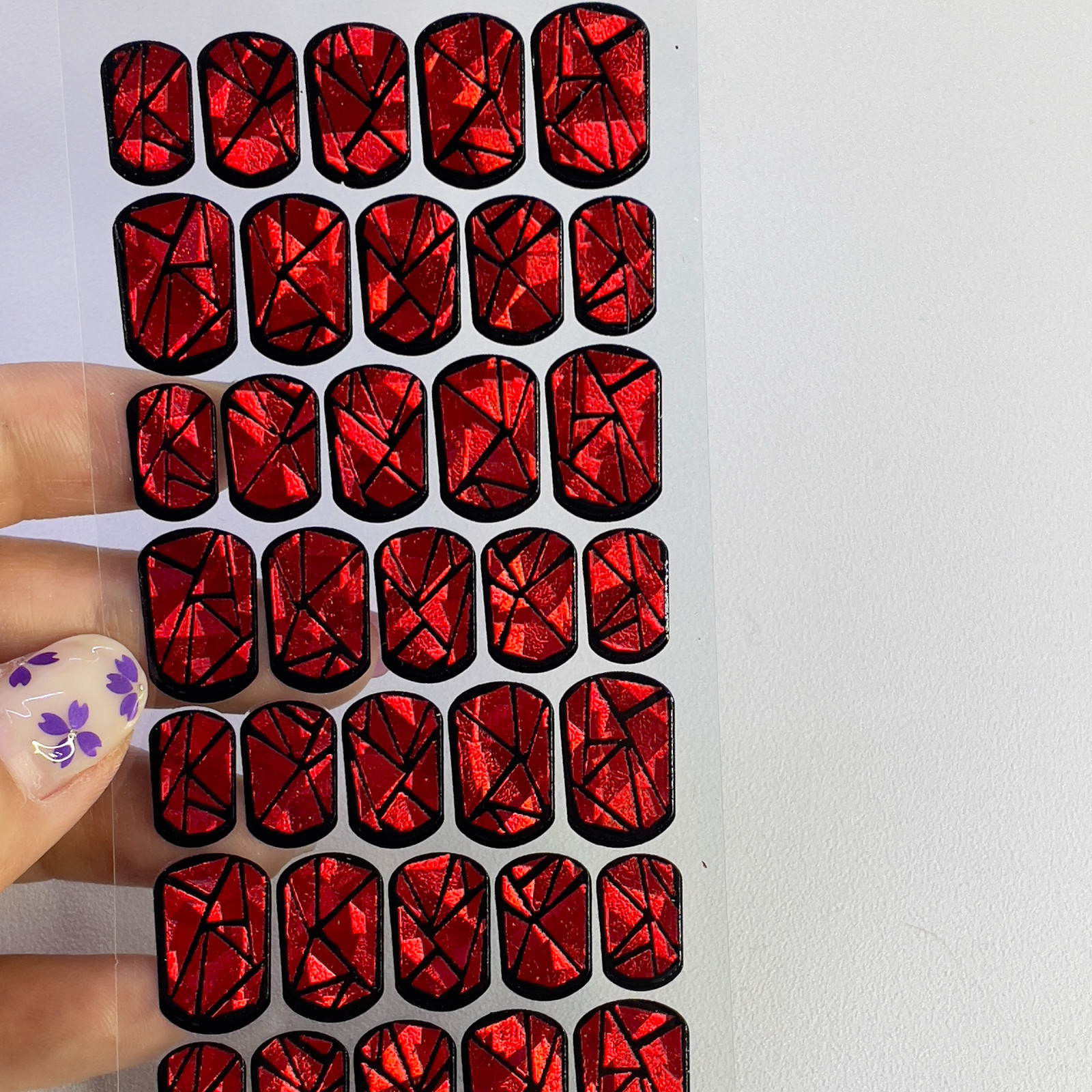 Red Holographic Nail Wraps Full Cover DIY Glass Manicure Strips Korea Beauty