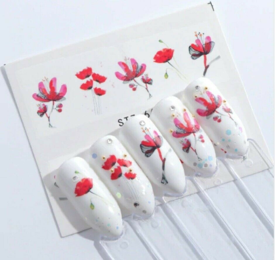Water Nail Art Stickers Decal Red Blue Flowers Leaf Transfer Decorations NS26