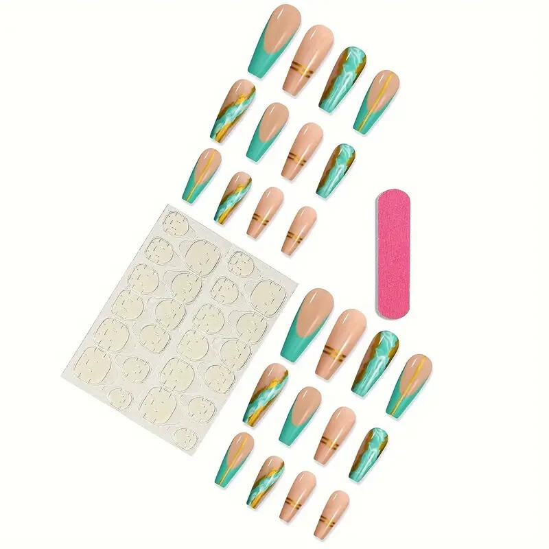 24Pcs Set Long Coffin Ballet Turquoise Green Marble Press On Nails Gold metallic