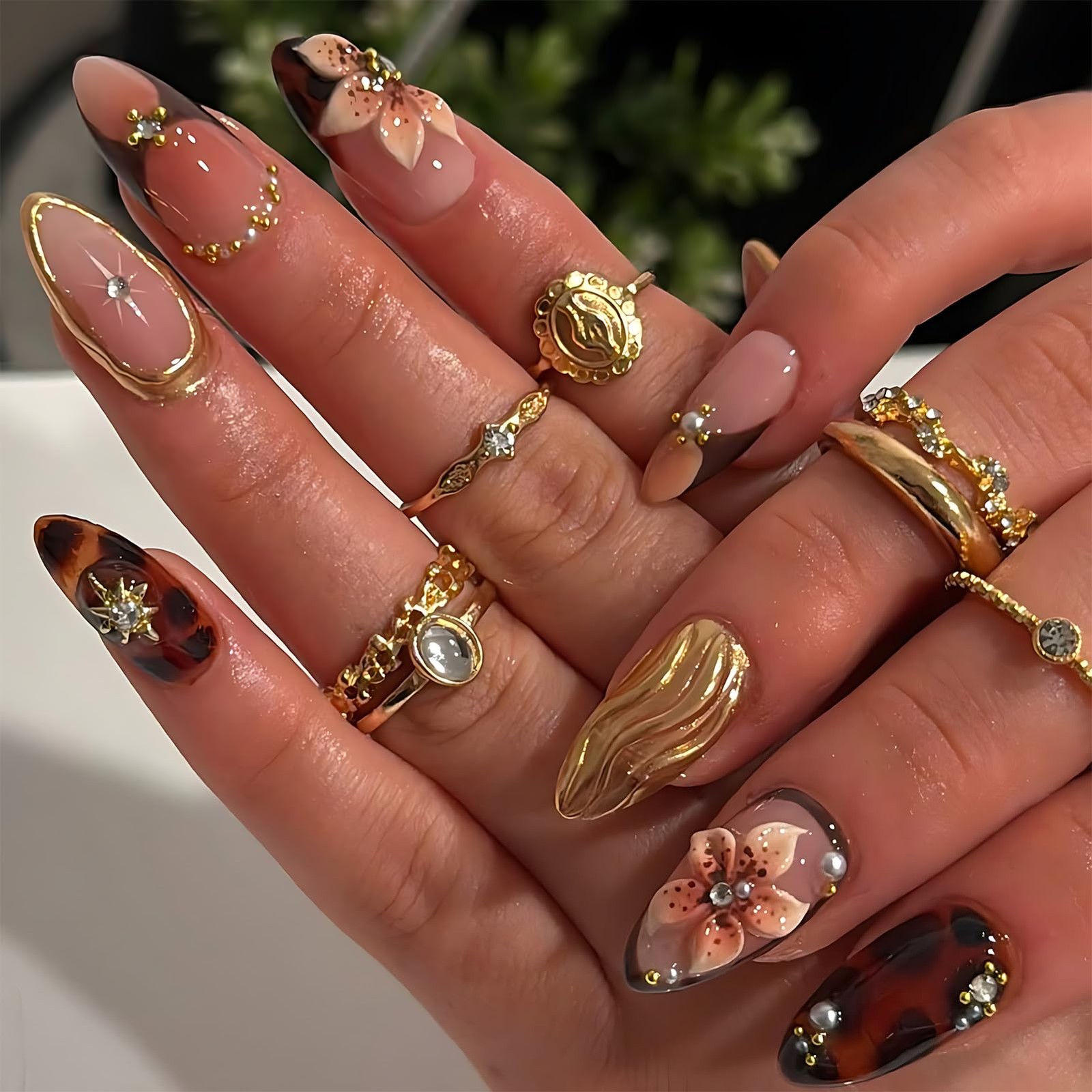 Press On Nails Almond 3D Design Flower Brown Press Ons Nails For