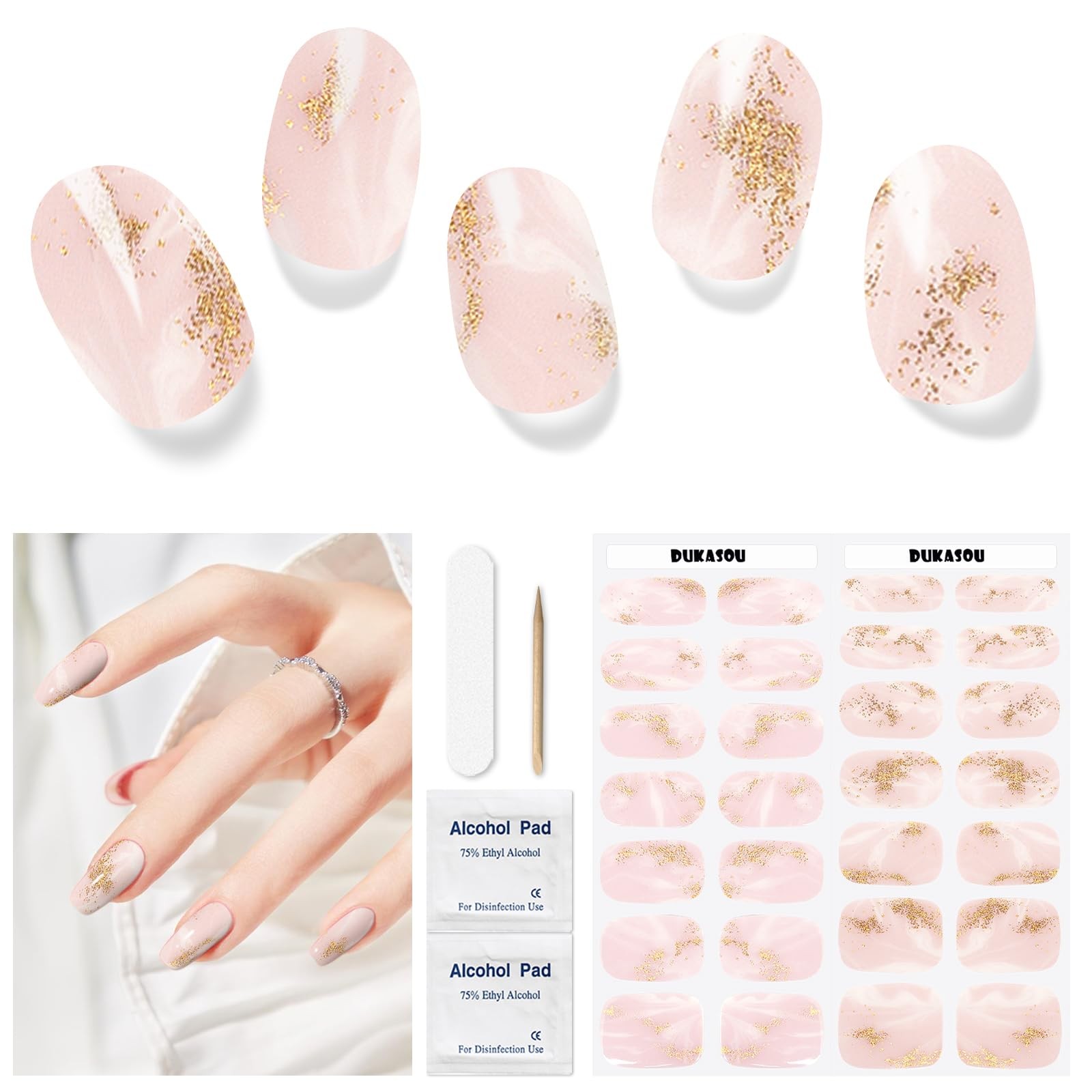 Semi Cured Nail Strips 28 pcs French Nail Stickers for (Gold foil Stamping) F…