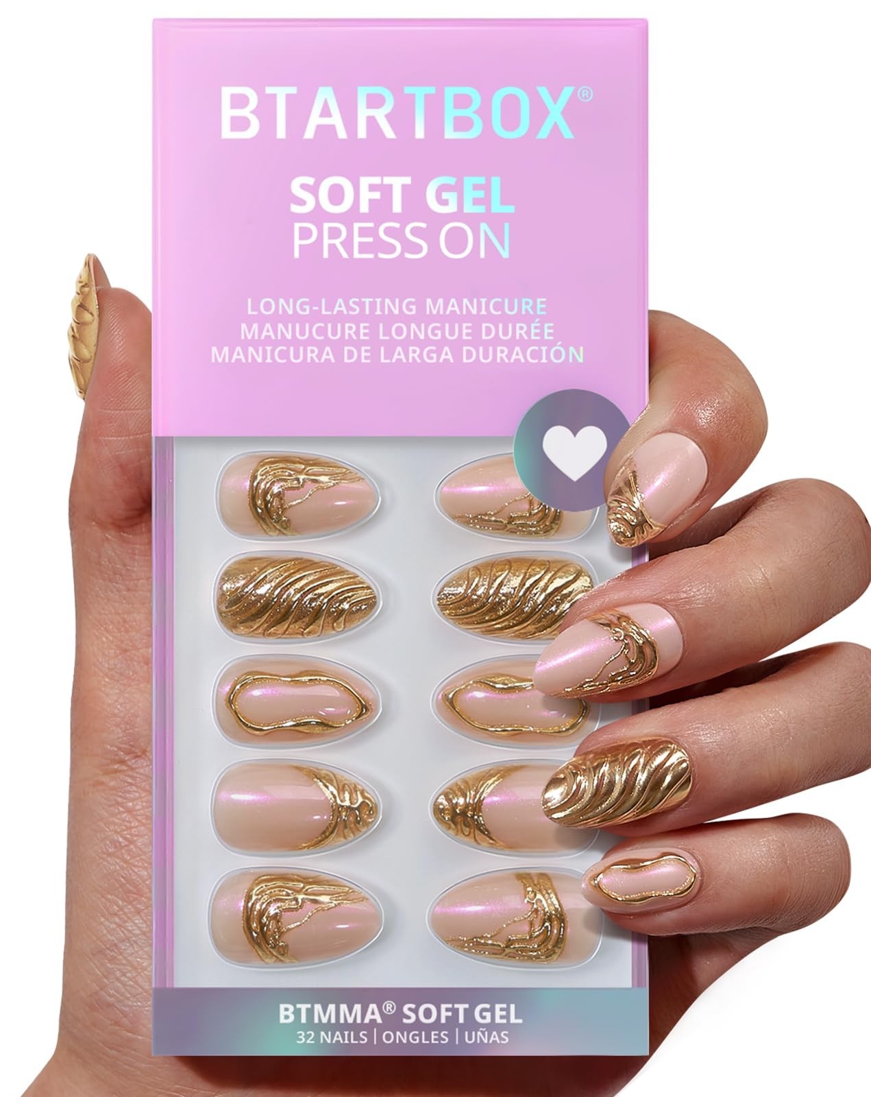 3D Gold Sculpting Almond Press On Nails – Short Opaque Gel Kit, 32 Pieces, 16 Si