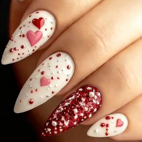 Valentine’s Day Nail Stickers for Women – 5D Heart Nail Decals, Red Pink E