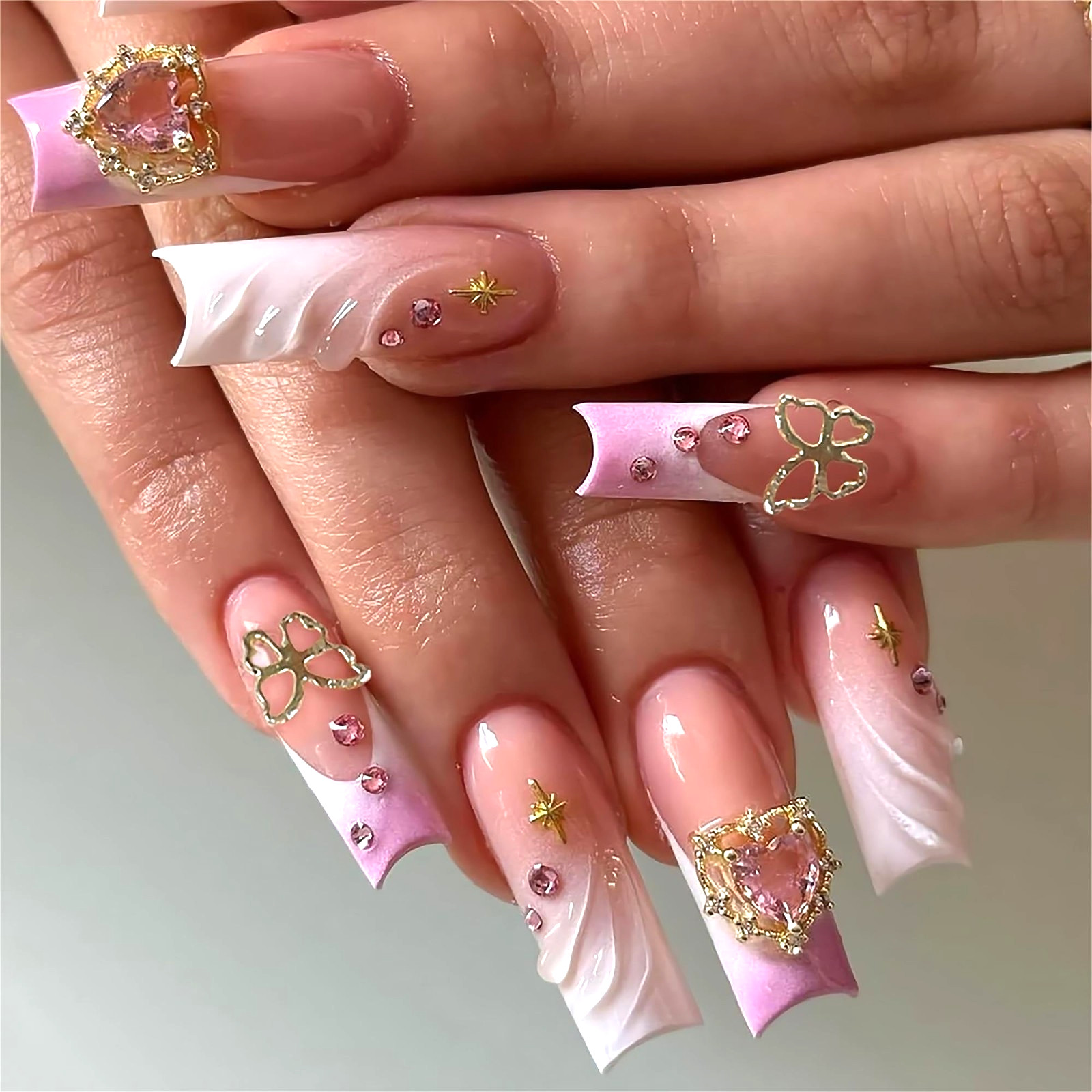 Pink Gradient Heart Butterfly Gold Star Long Duckbill Press On Nails