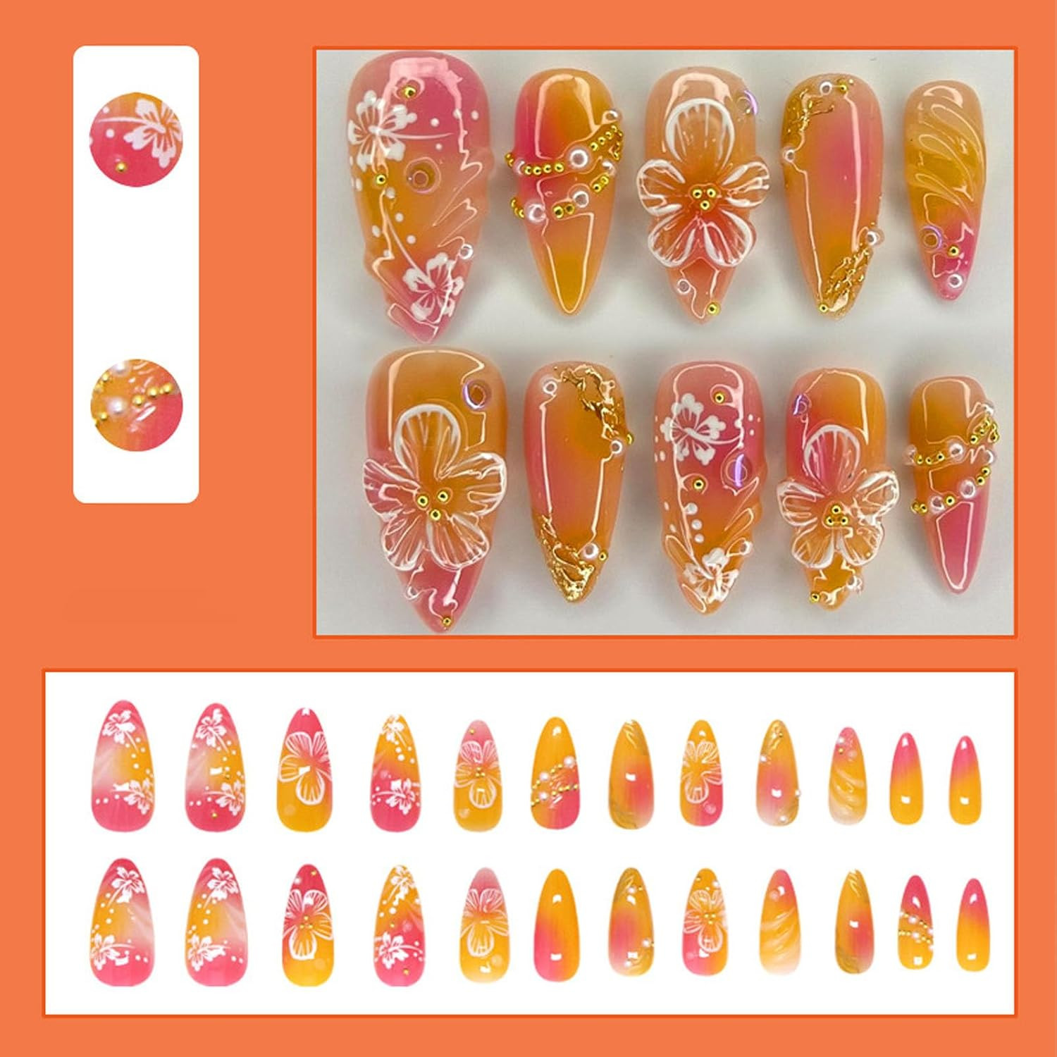 24Pcs Flower Press on Nails Almond Medium Stick on Nails Yellow 3D Floral Pearl