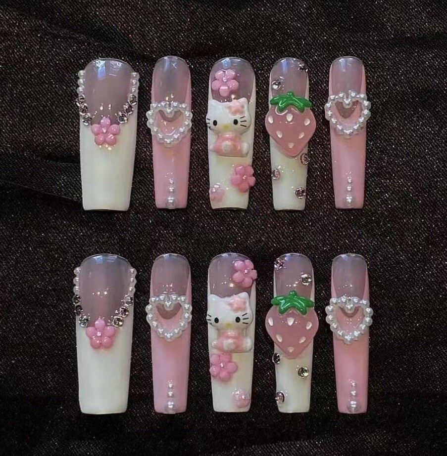 Hot Girl Hello Kitty Strawberry Super Long Handmade Artisan Press On Nails