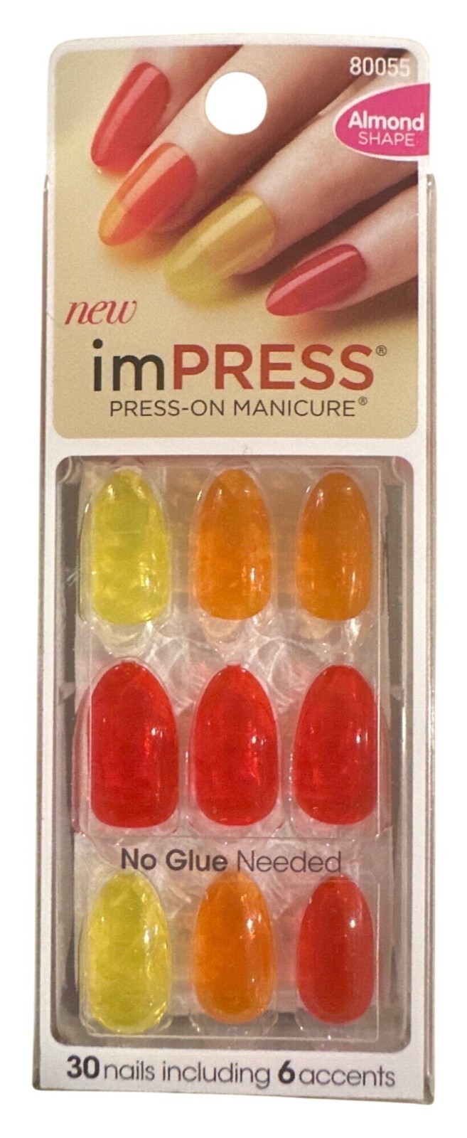 KISS ImPRESS 30 Nail TEN LOOKS Medium Almond Vibrant Translucent Red Orange Yell
