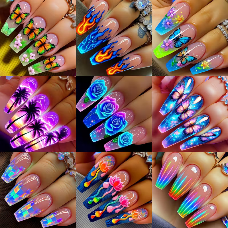 216pc 9 Designs Press On Nails 10 Sizes Full Cover Reusable Elegant Nail Set