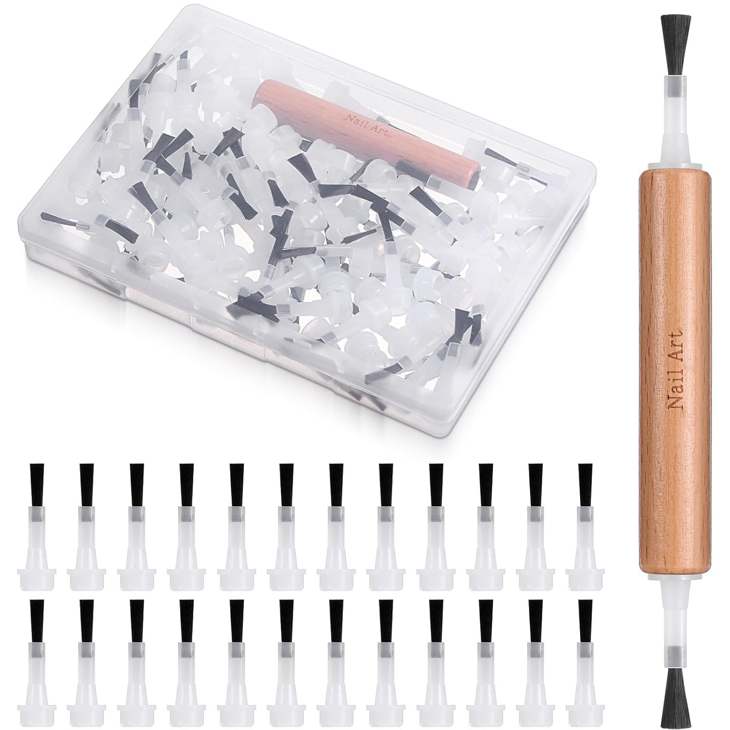 51Pcs Nail Polish Brush Replacement with Wood Handle, Disposable Dip Powder & Li