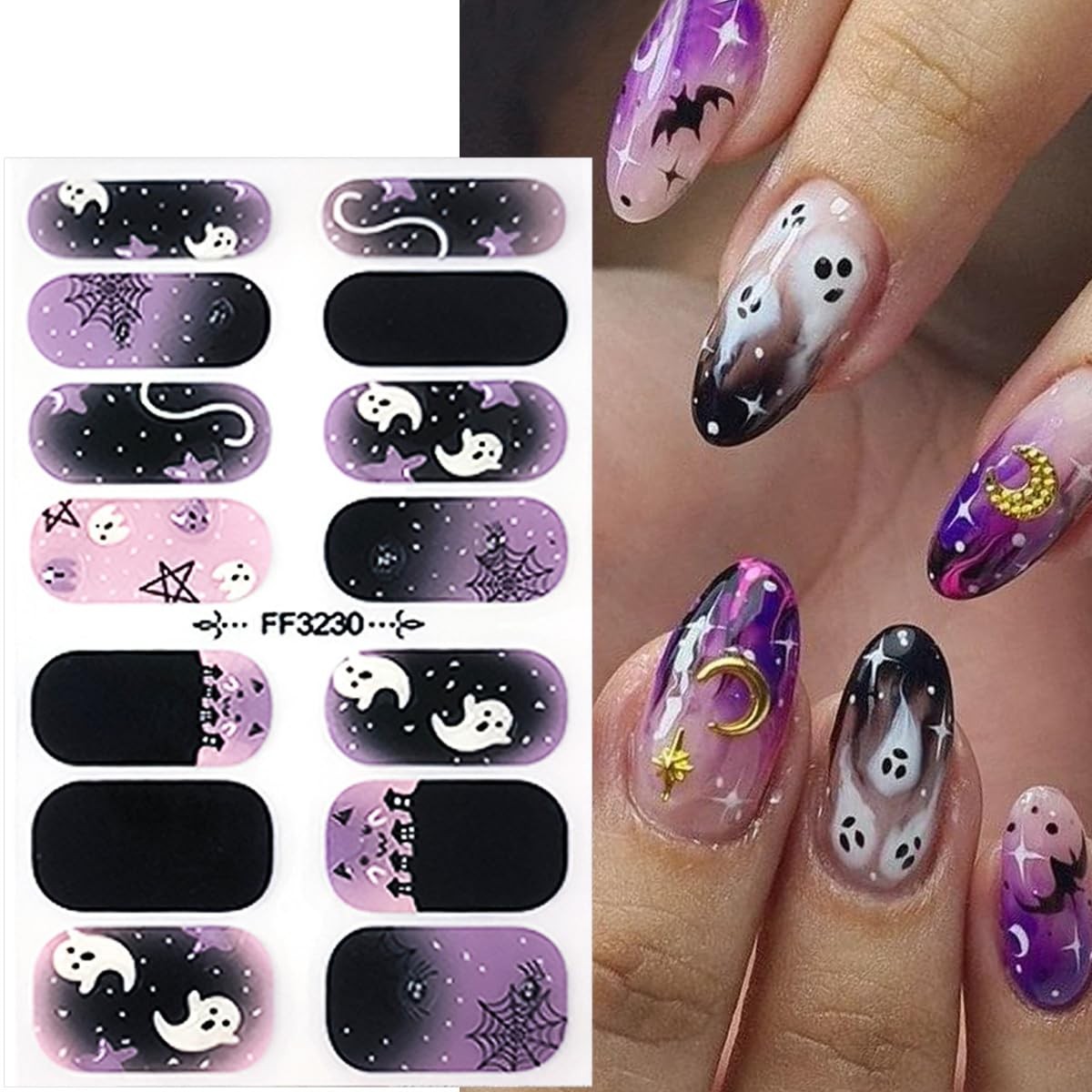 2 Sheets Halloween Nail Gel Stickers Cute Ghost Nail Polish Stickers Self-Adh…