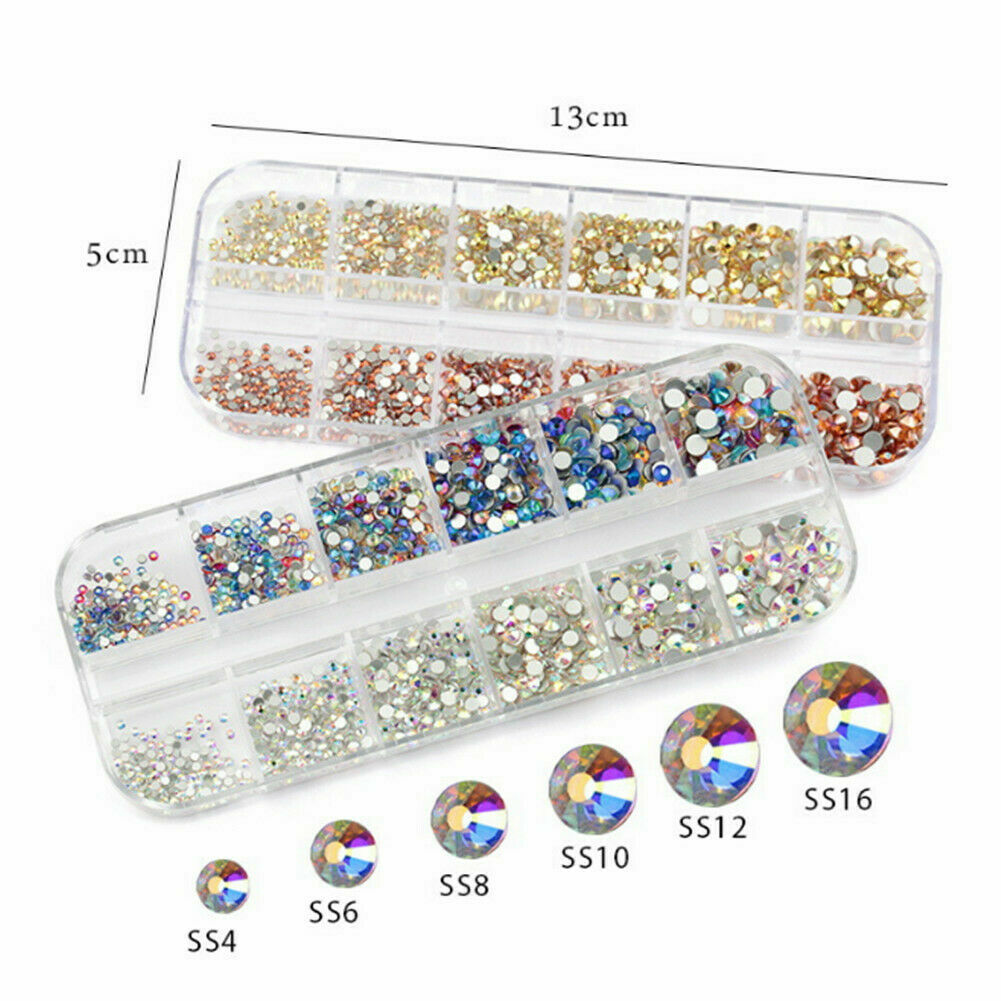 12Grid/Box 3D Nail Art Rhinestones Mix Size Flatback Glitter Diamonds Tips Decor