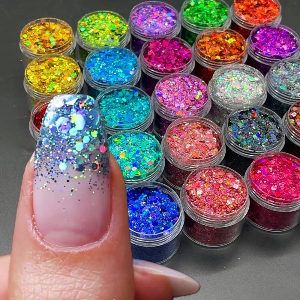 24 Colors Holographic Chunky Glitter, Laser Nail Art Flakes for Manicure Decor