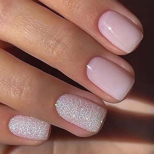 Pink Press on Nails Short Square Nude Fake Nails with Glitter Design Glue on