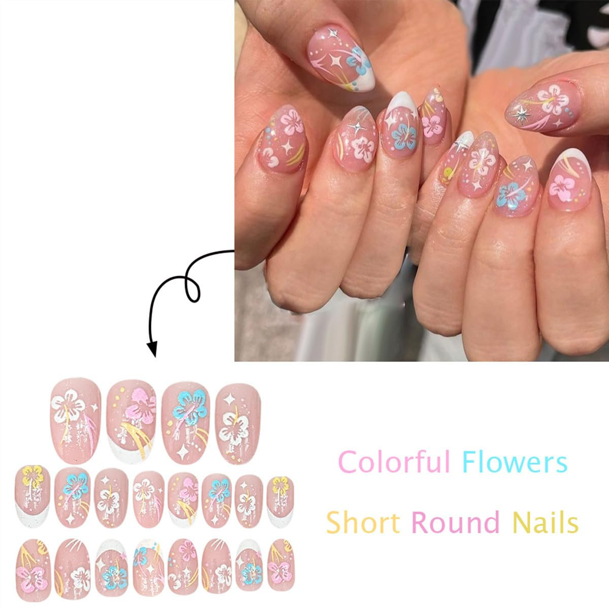 24Pcs Summer Flower Fake Nails White French Press on Nails Short Almond Glossy A