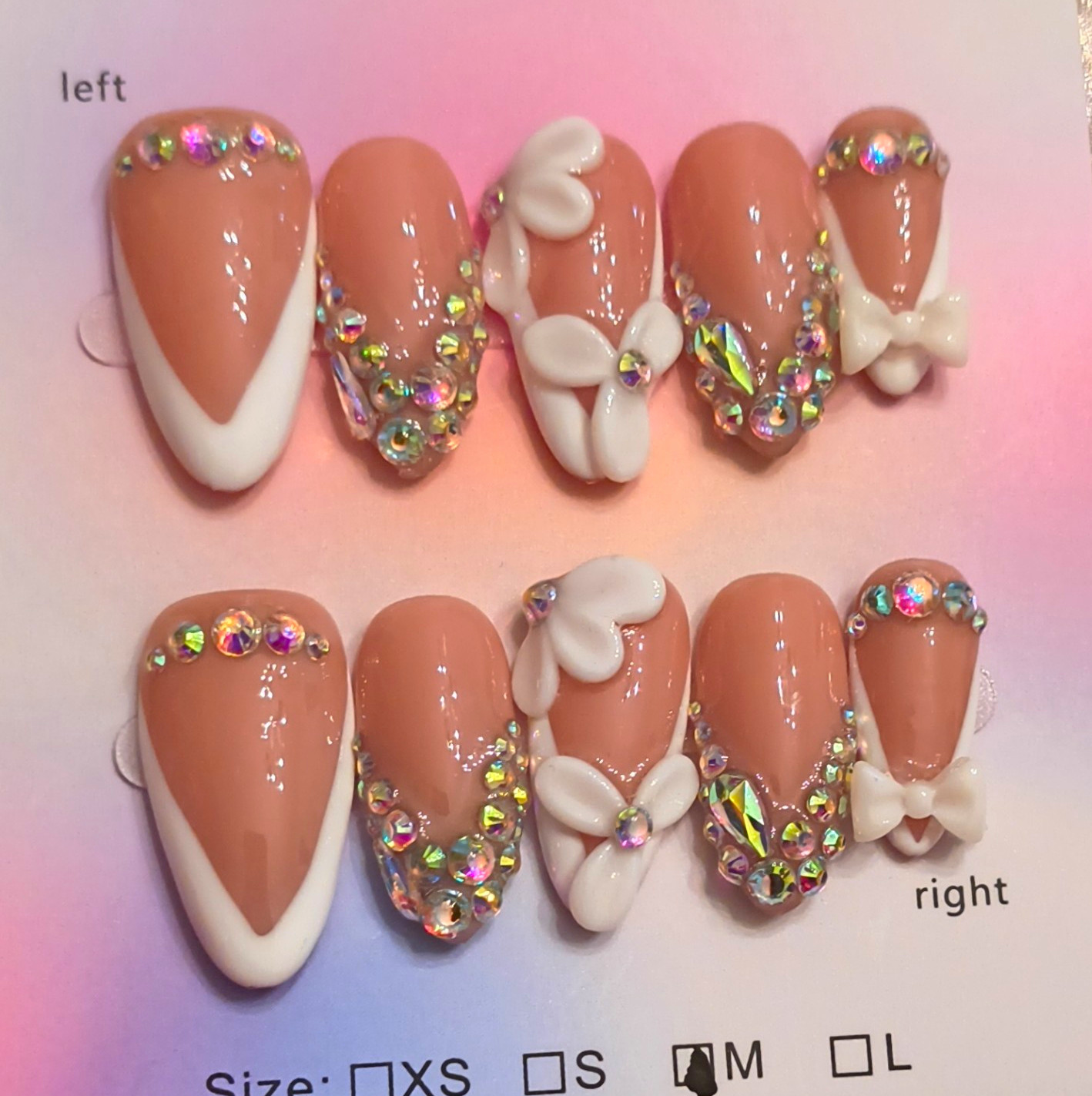 Press-On Nails Medium Almond Beige White 3D Bow Rhinestone Glitter Full Cover