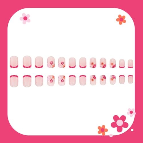 Red French Tip Press on Nails Flowers Design Short Square Fake Nails Style-40
