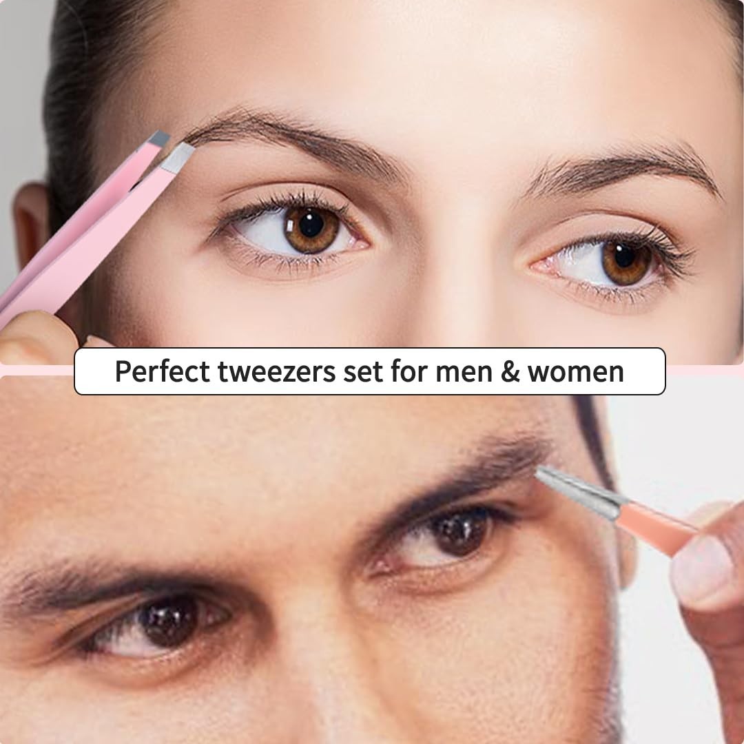 6 PCS Tweezers Set for Women, Eyebrow Tweezers with Curved Scissor w/ Case