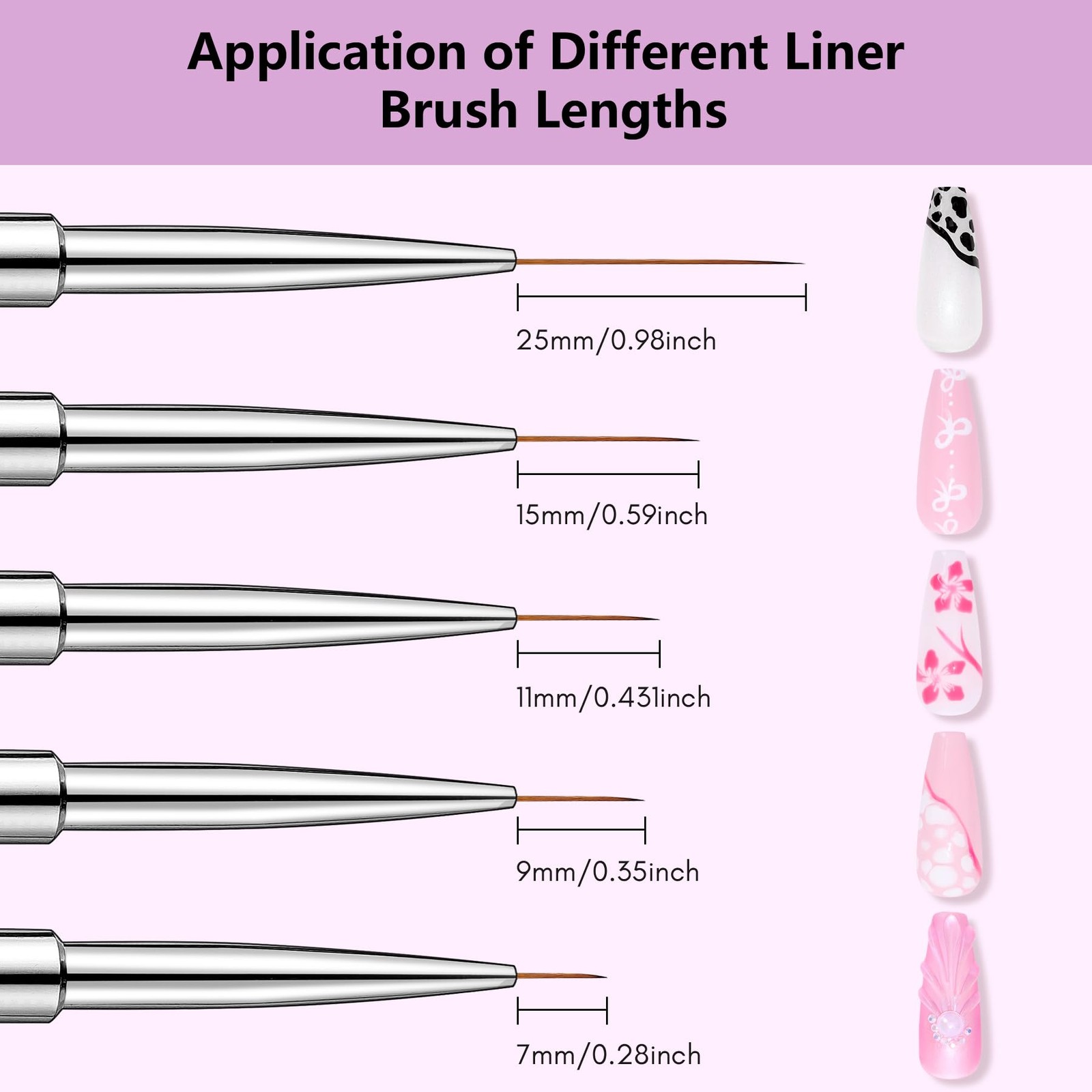 Makartt Nail Art Brushes Set 5pcs Liner Brushes 7/9/11/15/25mm Thin Nail Art