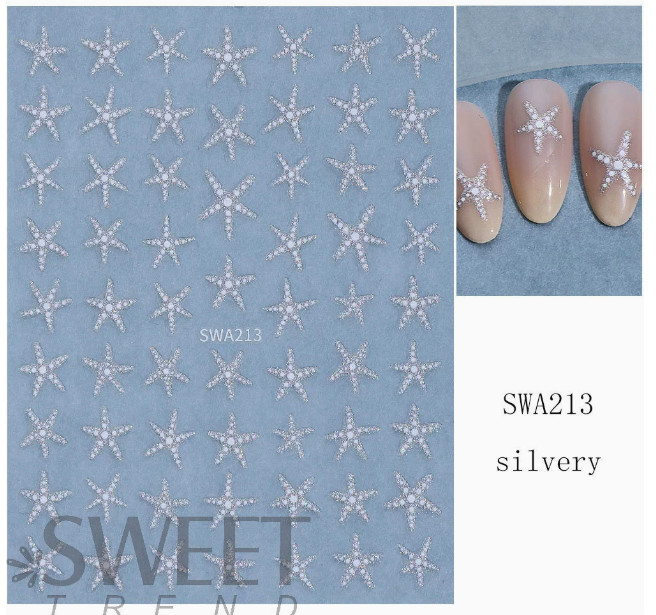 2pcs 3D Summer Ocean Style Glitter Star Nail Stickers Silver Gold Star Design S8