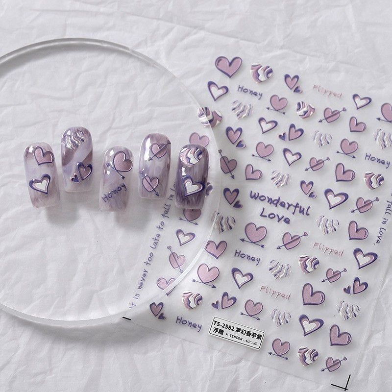 Purple Heart Nail Stickers – 5D Embossed Romantic Valentine Decals (242)